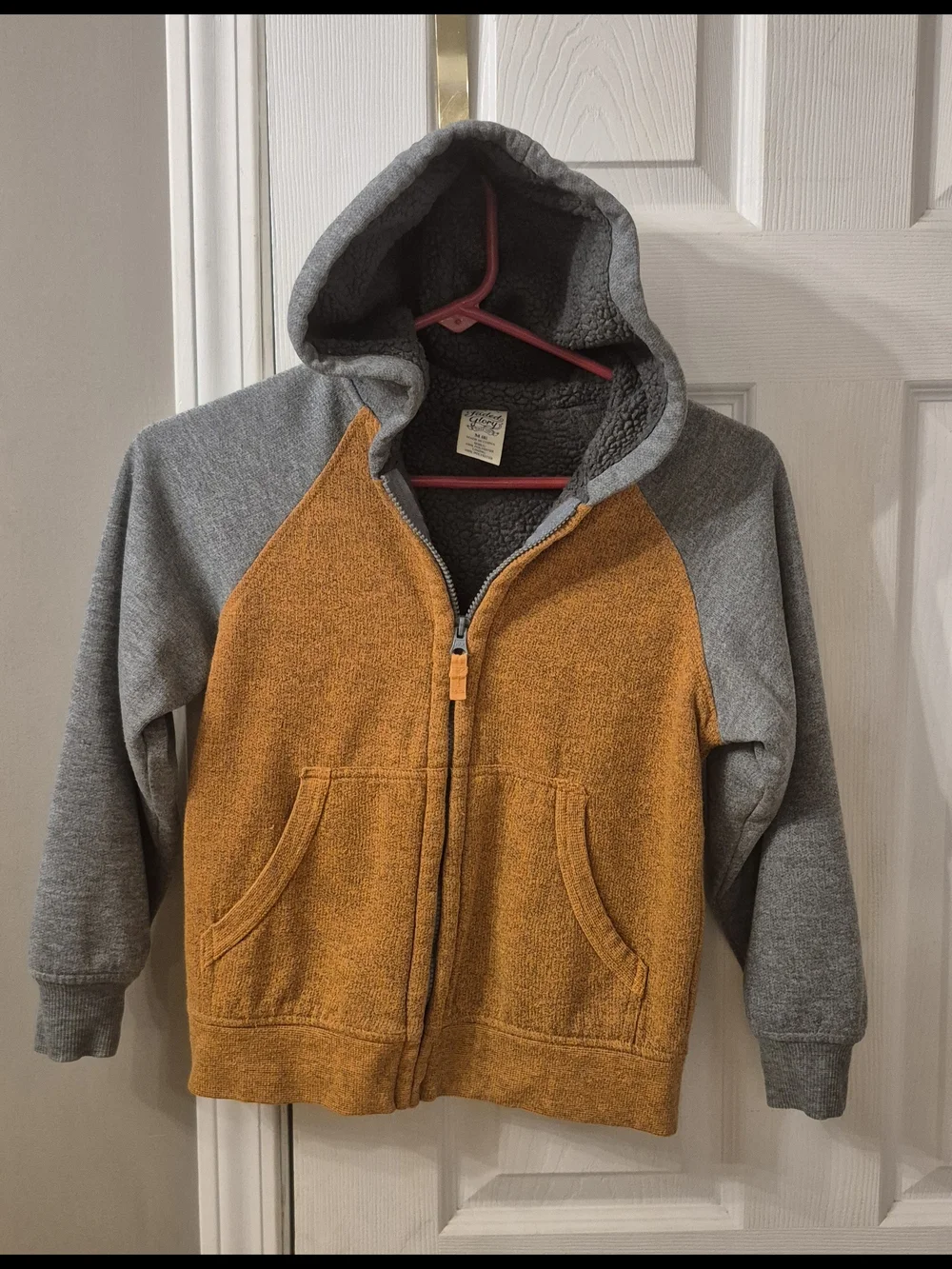 Boys Medium (8) Faded Glory Full Zip Sherpa Lined Hooded Jacket Orange / Gray